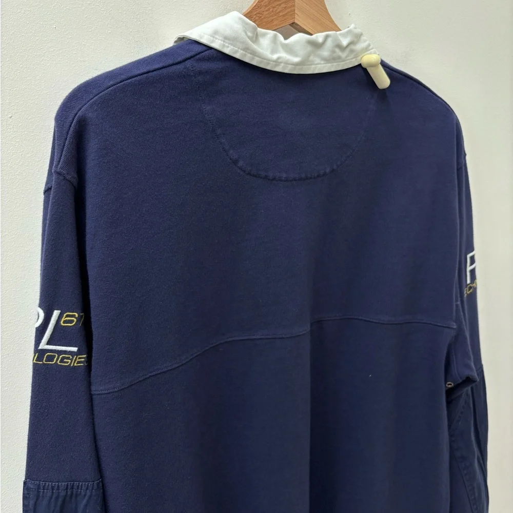 Vintage Polo by Ralph Lauren Men's Blue and White Team Shirt